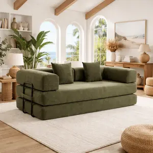 Compressed Sofa Bed Full Foam Modular Couch with Multiple Layout Options Corduroy Fabric 2 Cushions for Living Room Bedroom Apartment 76.38 x 35.04 green
