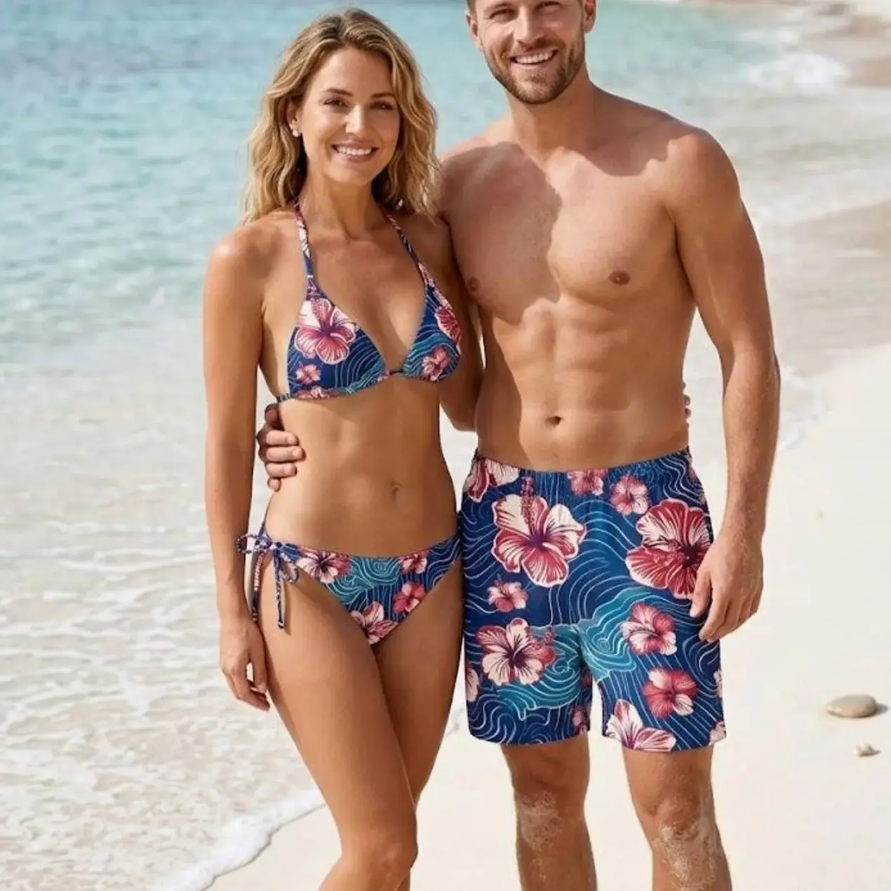 Couple's Matching Tropical Sunset Swimwear Set - Women's Bikini with Adjustable Straps, Men's Trunks, Lightweight Fabric Style for Summer Vacation, Print, Soft, Elastic, Comfortable, Beach, Breathable, Clothes, Polyester, Quick-Dry