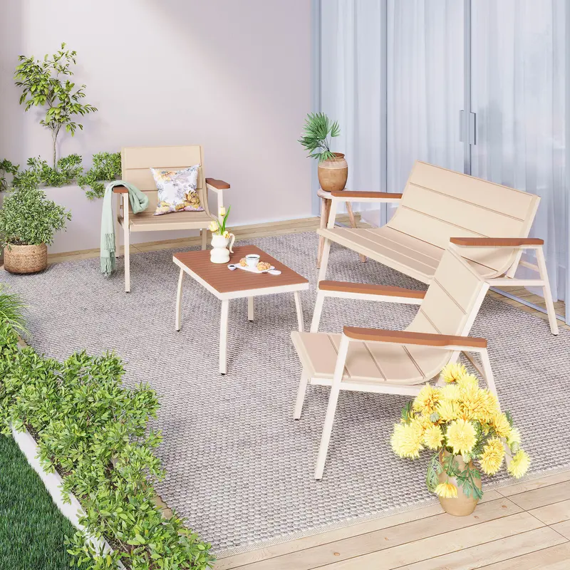 Suntone Modern 4-Piece Patio Conversation Set All-Weather Outdoor Furniture with Acacia Wood Table & Beige Cushions