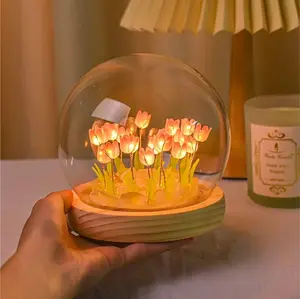 Tulip Night Light Lamp,Artificial Flower Lamp LED Decorations Lamp with Glass,Bedroom Table Lamp,Birthday Gifts for Mom Women Girlfriend Wife Girls,Mothers Day Sister Gifts (USB Power Supply)