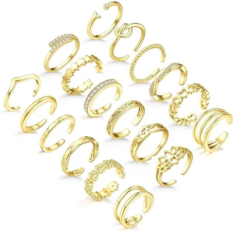 18PCS Adjustable Toe Rings for Women, Gold Tone Open Toe Ring Set, CZ Flower Heart Star Stackable Toe Bands, Summer Beach Foot Jewelry