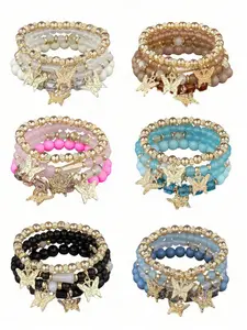 4pcs Bohemian Butterfly Crystal Stone Elastic Pendant Bracelet Set, Women/Girls Gold Beaded Stackable Elastic Bracelets, Colorful Charm Jewelry, Boho Summer Beach Style