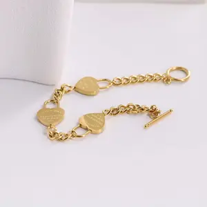 Korean Style 18K Gold Plated Titanium Steel Bracelet - T-style Printed Heart Chain Link OT Clasp Daily Office Jewelry
