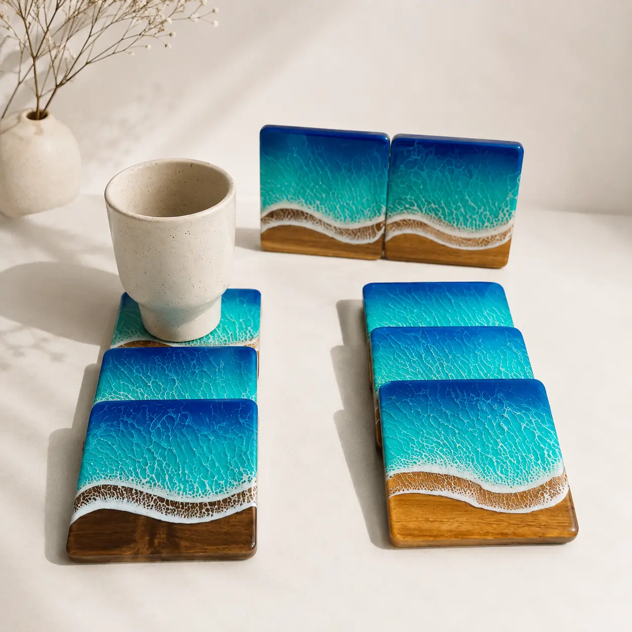 Square Ocean Resin Coaster, Handmade Wooden Drink Coasters, Epoxy Resin Cup Holder, Heat Resistant Table Protector, Coastal Beach Home Decor, Housewarming Gift