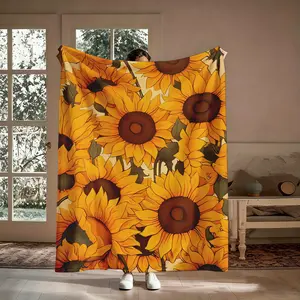 Sunflower Flannel Throw Blanket, Soft Warm Floral Print Blanket, Cozy Fleece Blanket for Sofa Bed, Boho Home Decor Gift for Flower Lovers