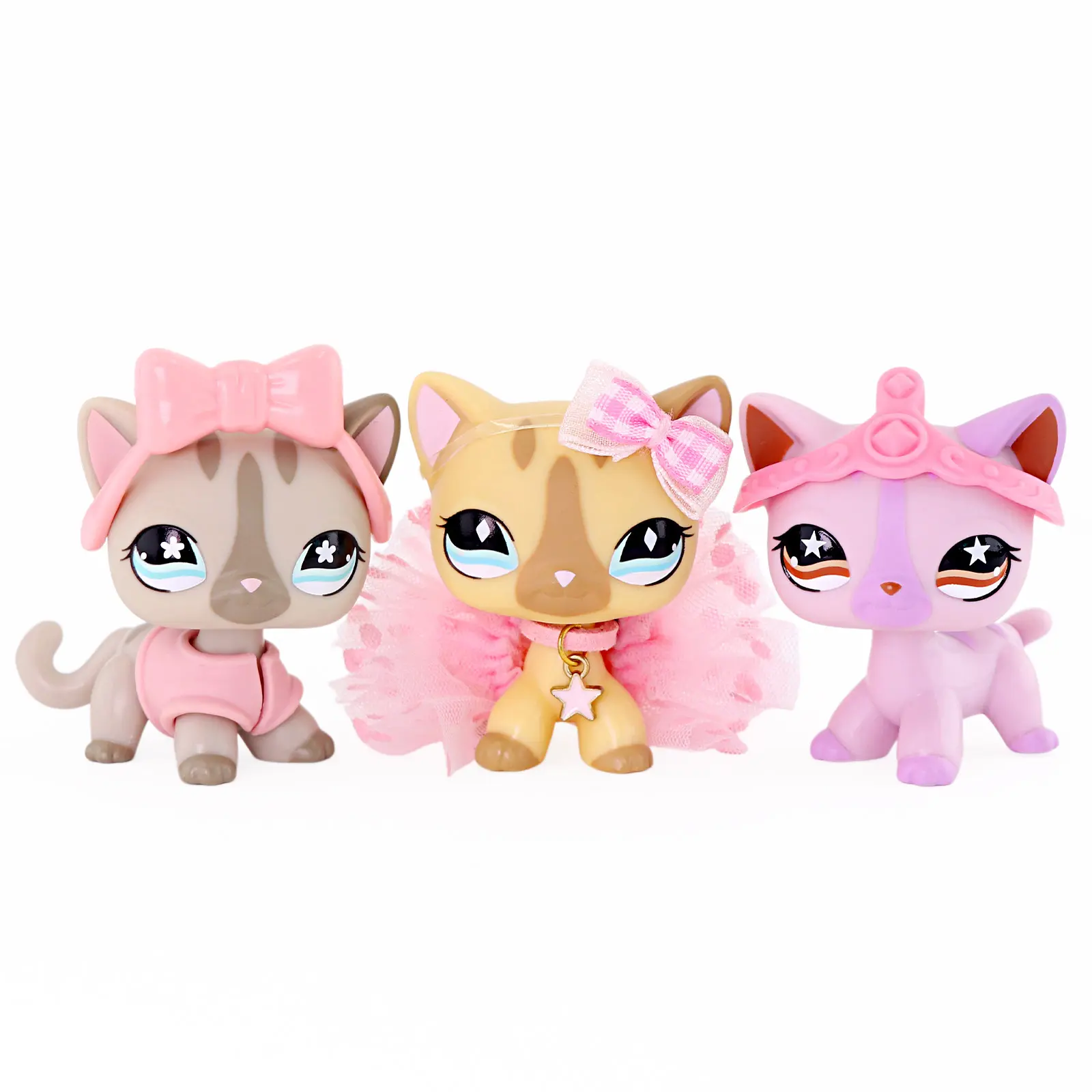 3-Pcs Plastic Kawaii Big-Eye Kitten Figurines Set with Cute Outfit Accessories, Mini Ballet Kitty Collectibles, Pink Cartoon Cat Desktop Decor Toy Gift for Christmas Star Decoration