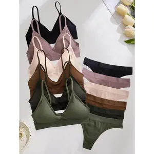 Women's Solid Textured Wireless Seamless Bra & Panty Set, Soft Comfy Breathable Bra & Panty Set, Lingerie Set for Women, Thong Sets