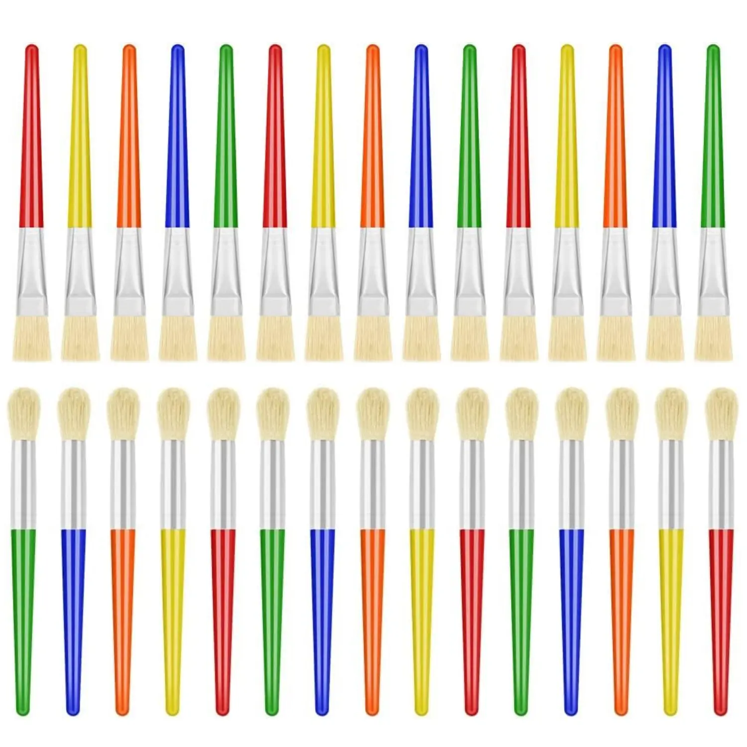 30-Pack Great Value 6.25 In Paint Brushes with Hog Bristles, Flat & Round Tips, Durable to Reusing, Great Handling, Rust Proof Ferrules - For Acrylic, Oil, Watercolor Painting; Home Improvement Artist Supplies for Art Parties
