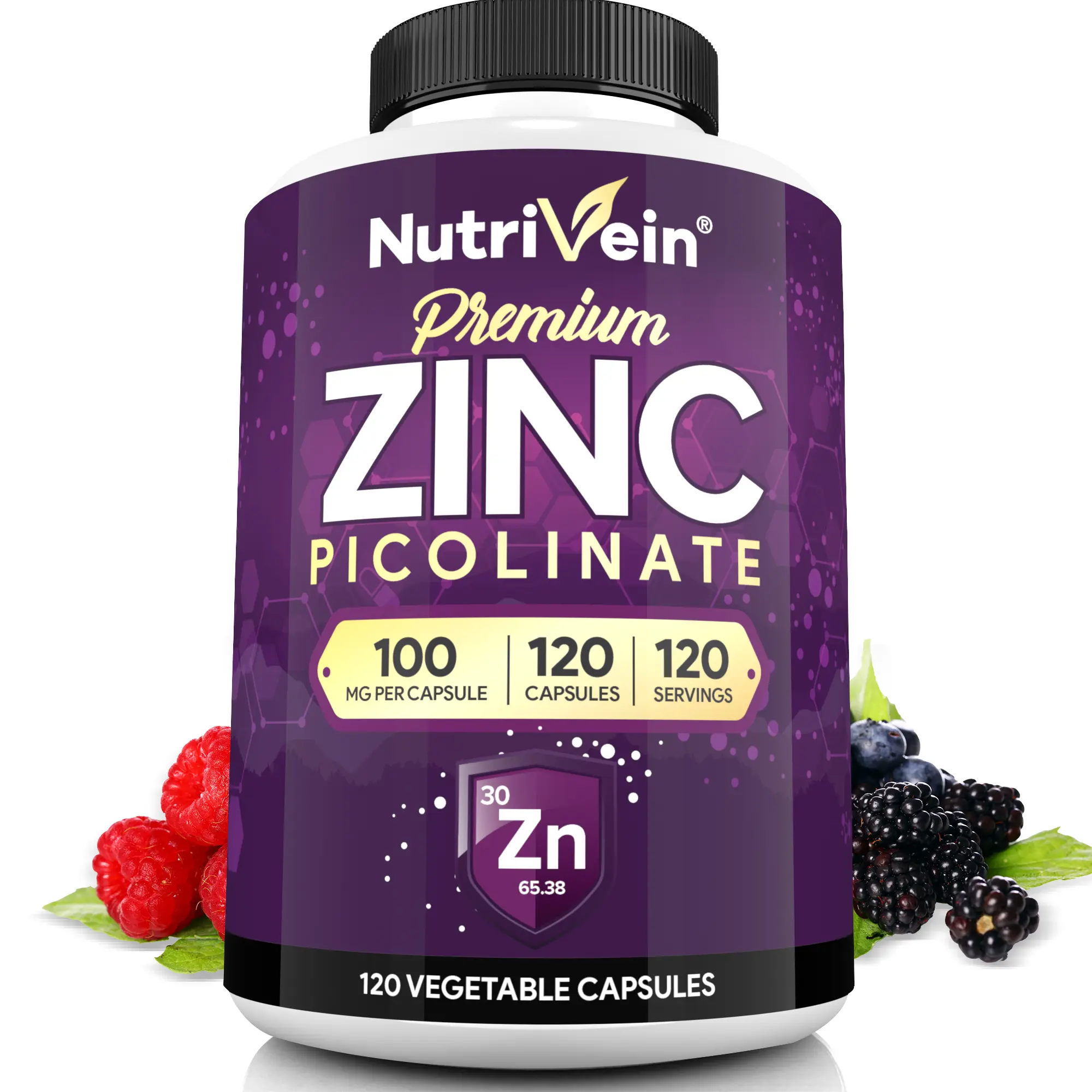 Nutrivein, Zinc Picolinate Capsules, Dietary Mineral Supplement, Plant-Based Nutrition Formula, Daily Wellness Support, 120 Capsules, 100mg, 2 Capsules Daily