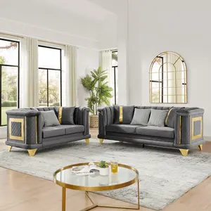 2PCS Velvet Luxury Sofa Set with Gold Stainless Steel Trims and Embroidered Texture, Mid Century Modern Victorian 89 Inches 3 Seater & 69 Inches Loveseat Tufted Couch for Living Room, Gray