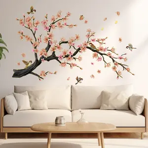 A set (30*90cm*3pcs) of peach tree and bird with gold edge 2D flat wall sticker, home decoration self-adhesive wall sticker, MA19062-NC