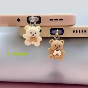 2-Pack Cute Resin Bear DIY Phone Charm Accessories, Type-C Dust Plug for iPhone Android Tablets, Protective Charging Port Pendant