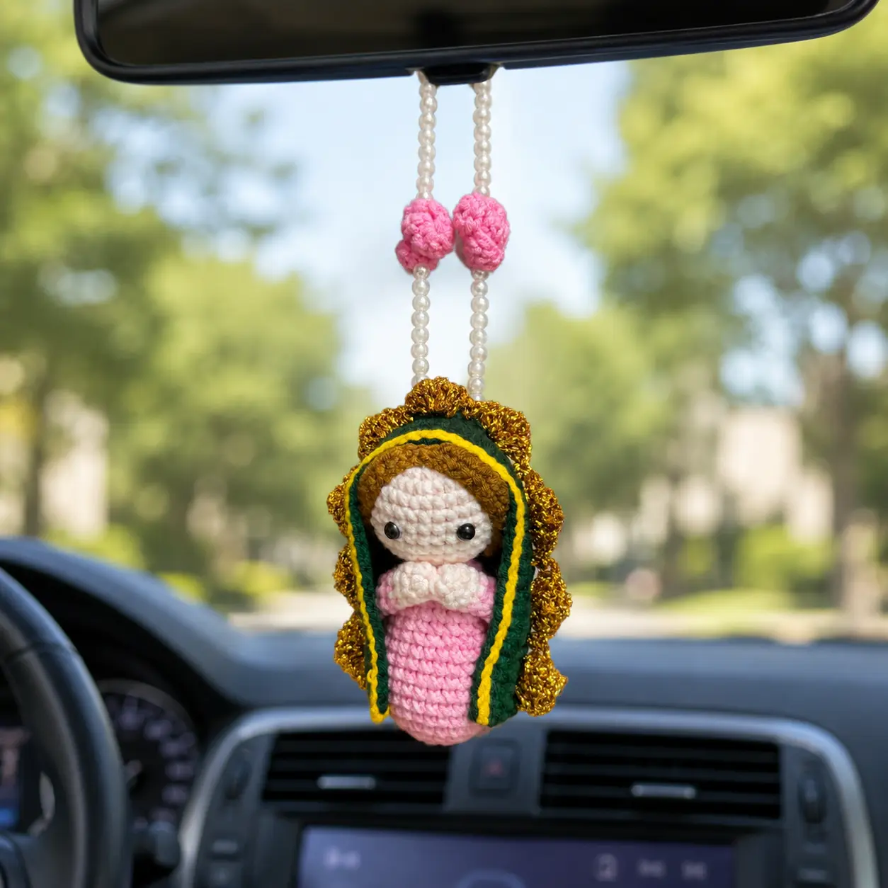 Crochet Our Lady of Guadalupe Car Charm Catholic Rearview Mirror Ornament Handmade Crochet Material Faithful Car Interior Decoration