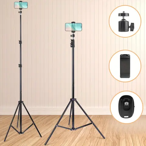 5ft Aluminium Camera & Phone Tripod Stand with Bluetooth Remote, Adjustable Lockable Clip Holder, 360° Rotating Ball Head, Camera Stabilizer, Vlogging Equipment, Monopod Compatible, Fits iPhones & Galaxy Smartphones for Filming