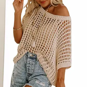 Women’s Crochet Knit Top, Summer Short Sleeve Scoop Neck Sweater, Hollow Out Casual Pullover Shirt, Lightweight Beach Cover Up, Trendy Vacation Outfit for Daily Wear & Resort Style summerwins