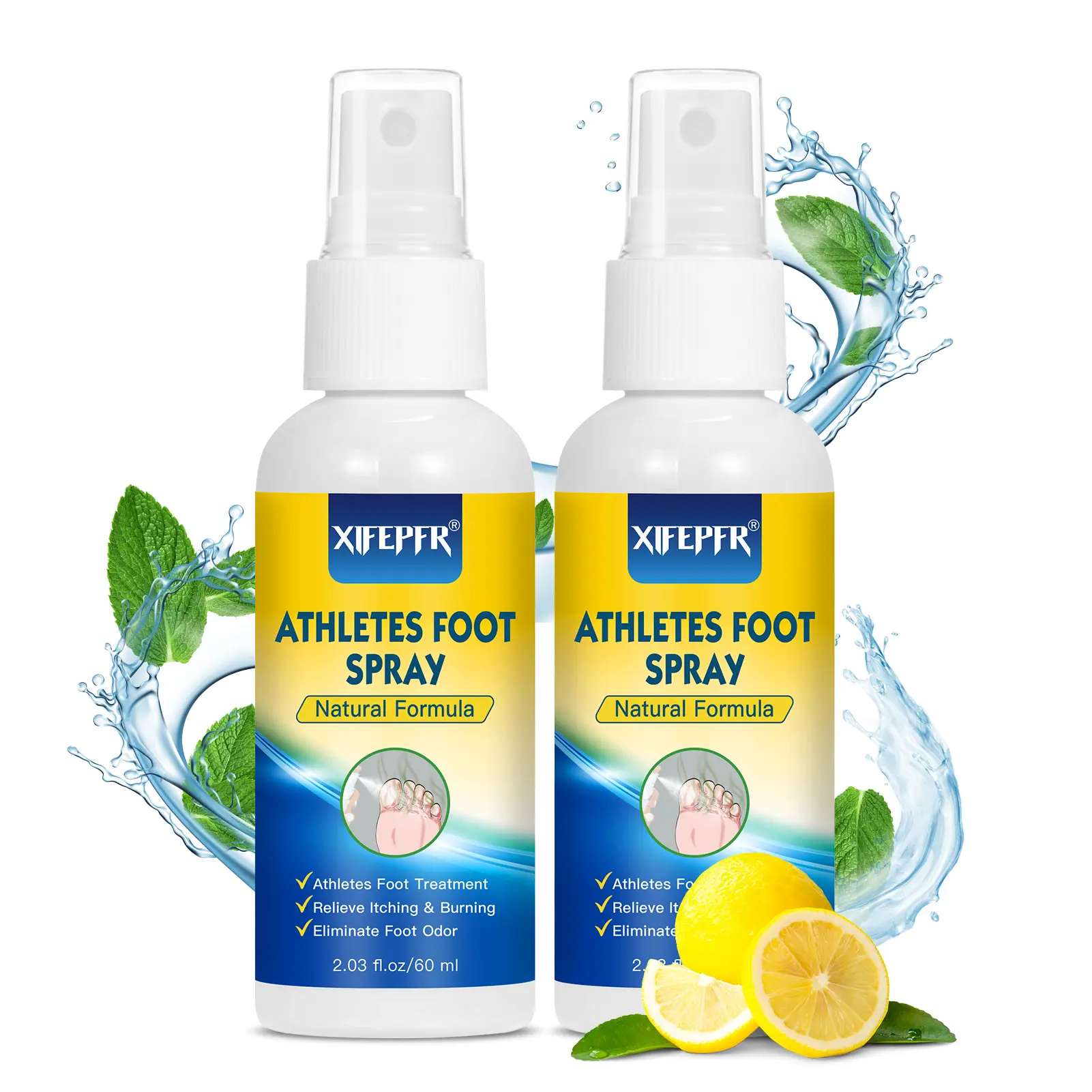 XIFEPFR Athletes Foot Treatment Spray, Athlete's Foot Deodorizer Spray for Feet Odor, Itching, Sweating, Peeling and Blisters, Cooling, Calming & Soothing, 1Pcs Unscented & 1Pcs Lemon Scent, green
