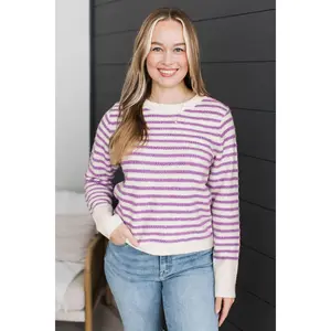 Always Pleasant Striped Knit Sweater- Ivory & Purple