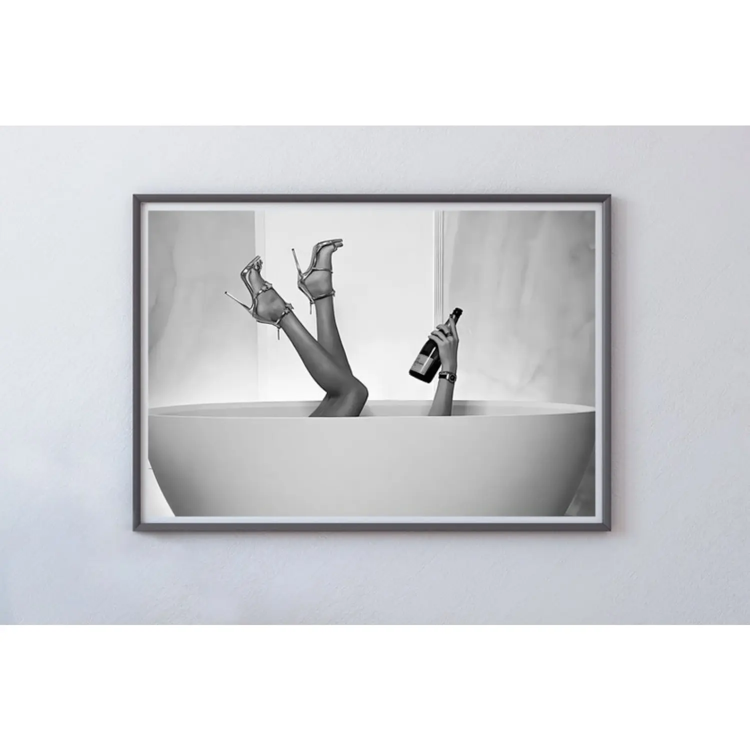Framed Black and White Cotton Feminist Wall Poster - Artistic Woman-in-Bathtub Wine-Drinking Design with High Heel Accent, Hanging Print for Bathroom Decoration, Ideal for Teen Girls
