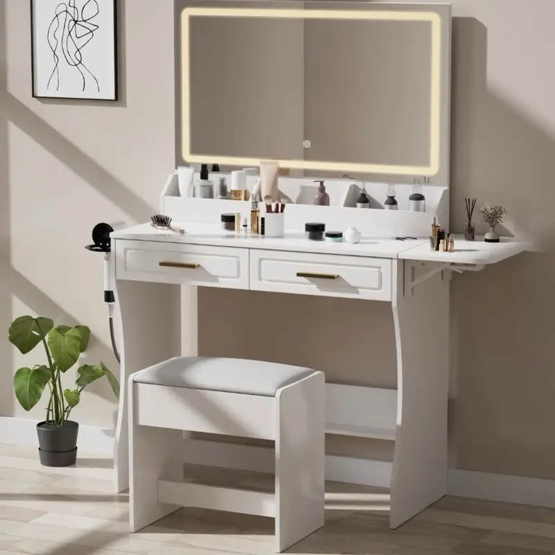 Homesflex Modern White Makeup Vanity Set, Equipped with a Large LED-Lighted Mirror with Adjustable Lighting Modes