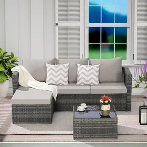 2 Pieces Patio Furniture Set, Outdoor Woven Sectional L- Shaped Patio Furniture, Wicker Conversation Set with Ottoman, Detachable Lounger Table for Backyard Poolside Sofa Couch