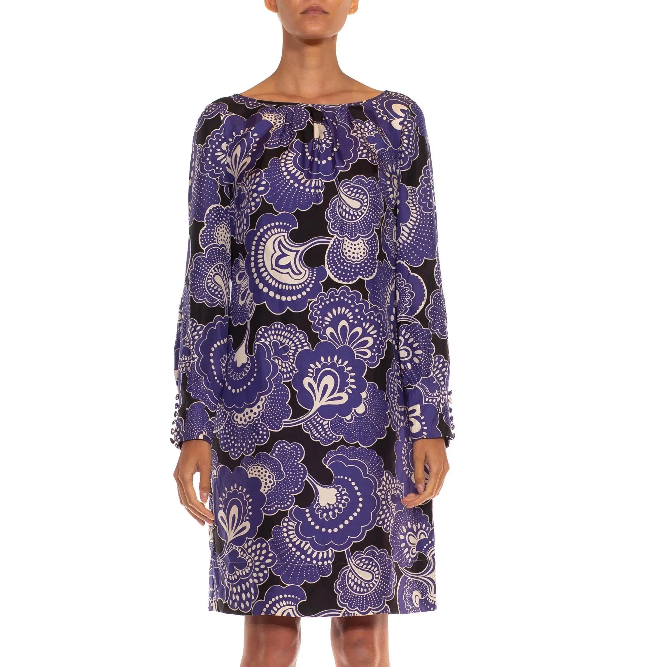 1960S Blue, Black & White Silk Long Sleeve Dress