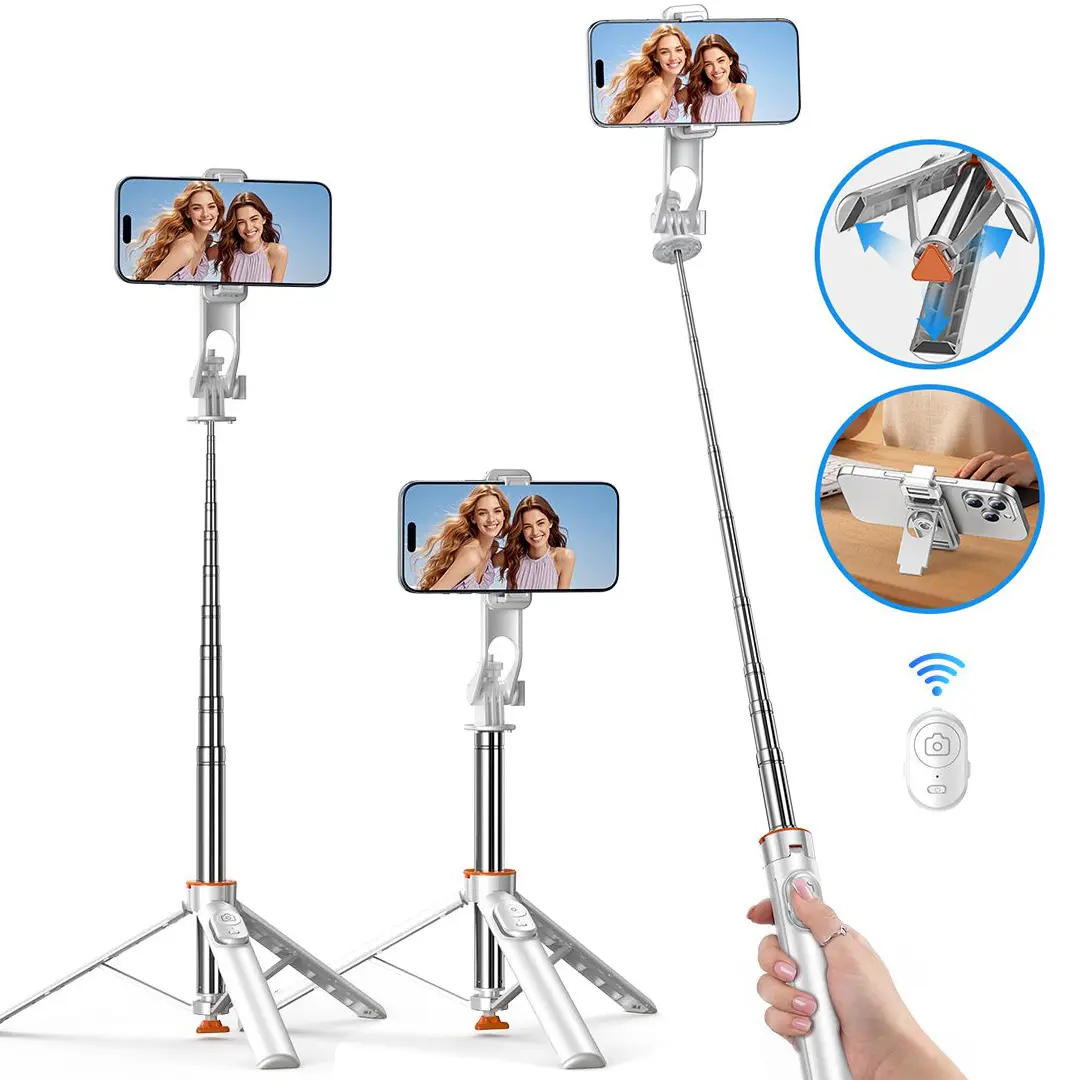 Portable 4-in-1 Selfie Stick Tripod with Bluetooth Remote, 360° Rotatable Foldable Phone Stand with Expansion Mount, Adjustable Tripod for TikTok Videos, Travel, Vlogging & Selfies, Compatible with Smartphones White Compact Adjustable Camera Camera   dual