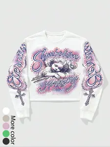Vintage Symbolism Art Graphic Fitted Short Pullover - Dreamy Cupid & Cross Print Long Sleeve Shirt - Lightweight Slim Fit Streetwear Top for Everyday Cyber Y2K Look, Street Photography & Aesthetic Soft Girl Style