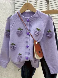 Girls' Sweater Cardigan, Button Front Cardigan, Knit Clothing Sweaters, Spring & Fall Kids Jacket, Handmade Grape Design, Stylish Children Outerwear, Cute Little Girls Clothes
