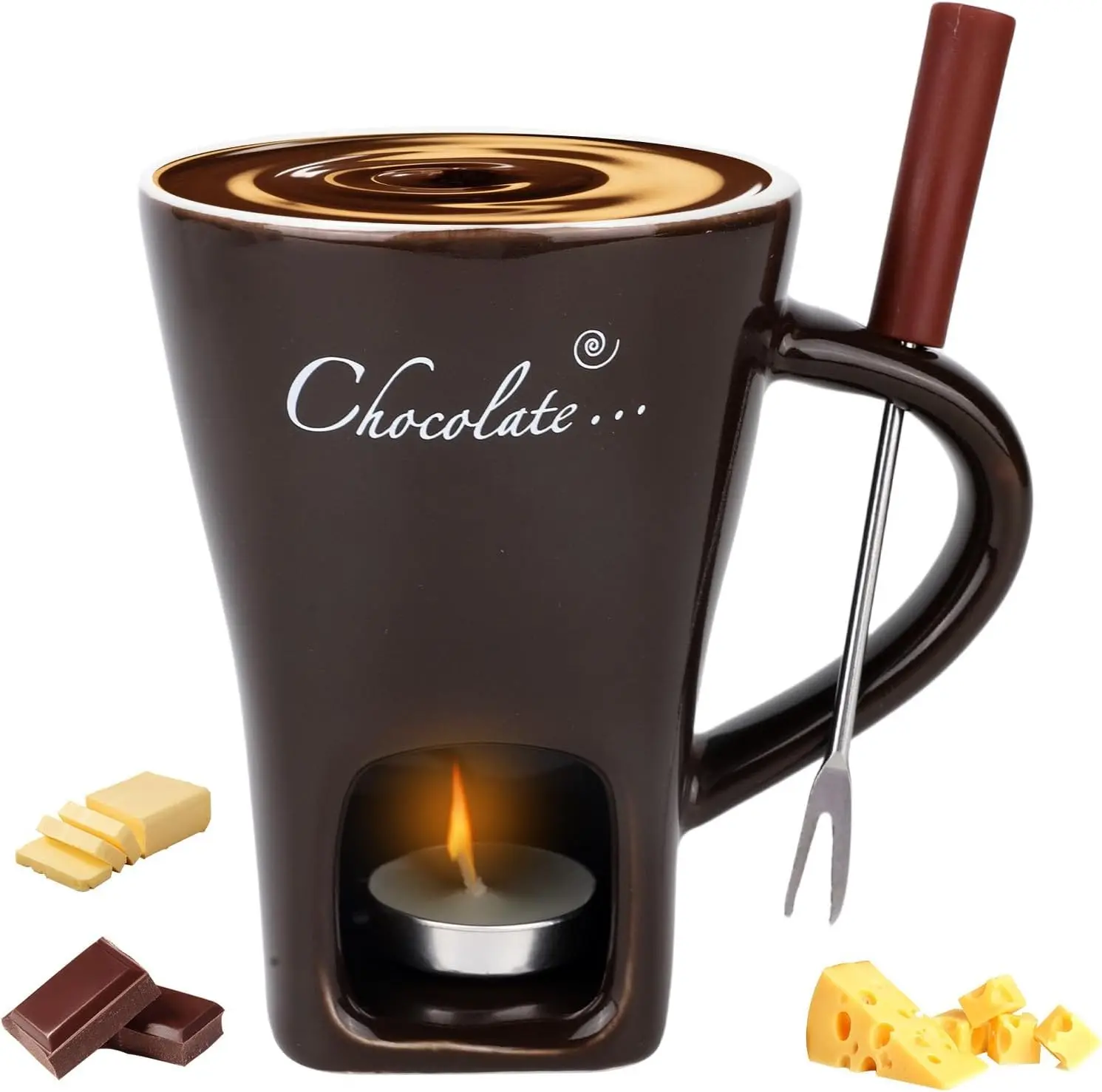 Chocolate Fondue Mug with Fork and Tealights Ceramic Melting Fondue Pot Set for Cheese Caramel & Candy, Ideal Gift for Date Night Birthday Wedding Dark Brown