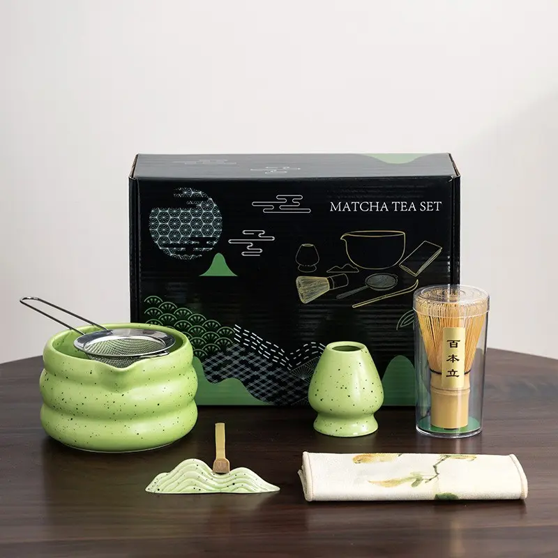 Japanese Matcha Tea Set, Ceramic Matcha Set, Aesthetic Traditional Style Sand Point Glazed Matte, 4 Piece/7 Piece Gift Box, Tea Whisk Hundred Stand, Matcha Kit Set