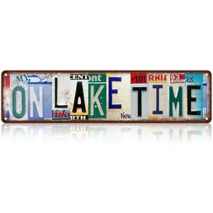 Vintage On Lake Time Wall Decor Street Signs Lakehouse Metal Tin Signs 16 x 4 Inches Lighted Address Plaque Personalized Plaque Room