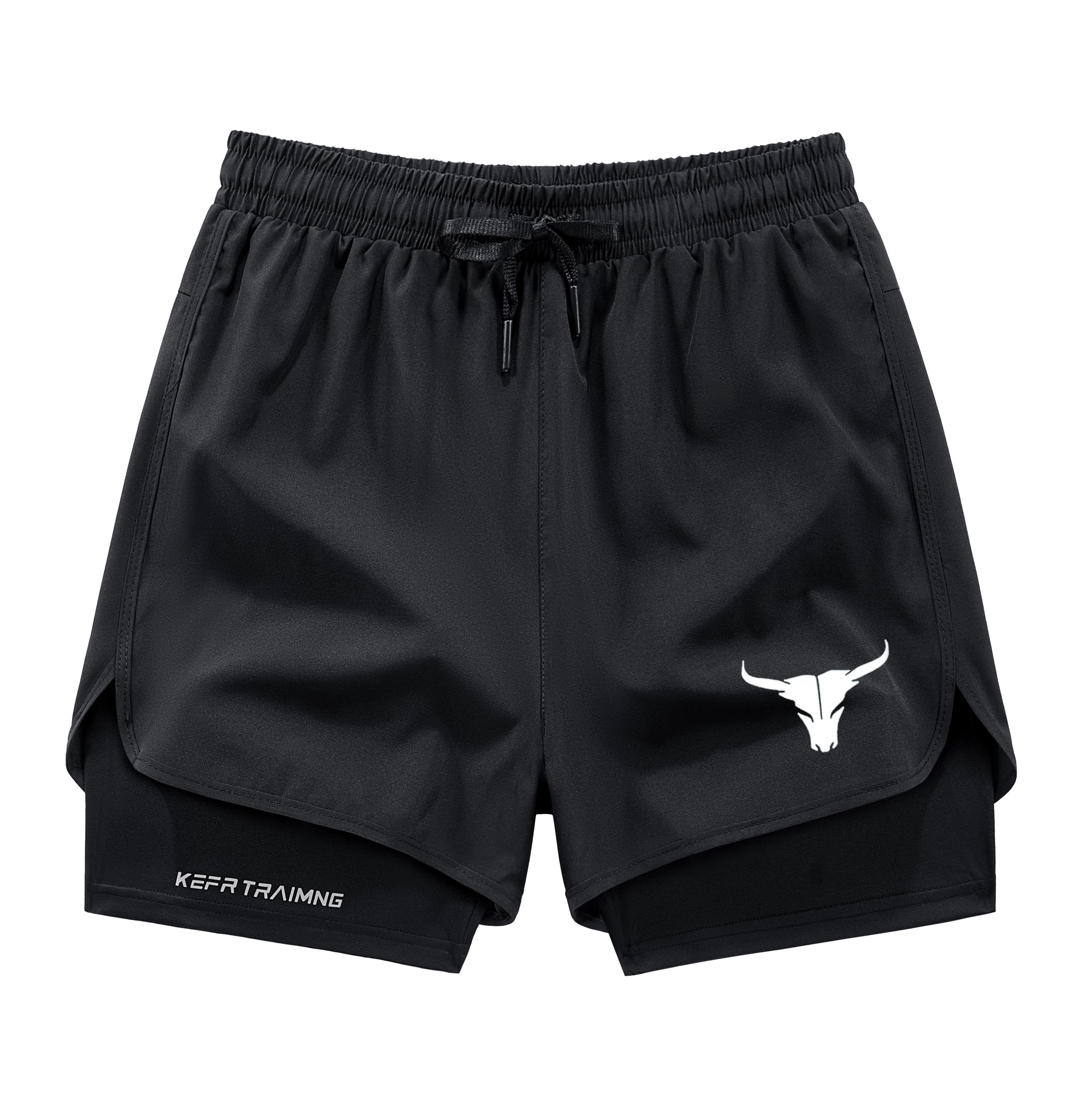 Men's 2 in 1 Quick Dry Gym Shorts, Bull Graphic Double-Decker Athletic Shorts with Zipper Pockets, 3 Pack Workout Running Shorts for Men