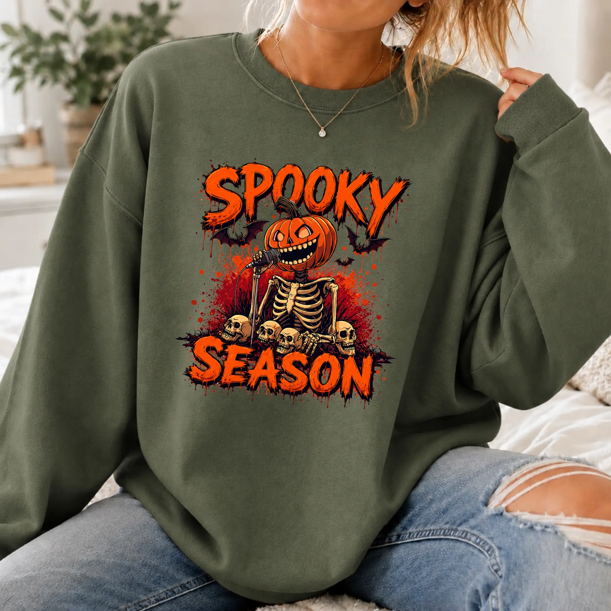 Spooky Season Pumpkin Skeleton Sweatshirt, Halloween Jack O Lantern Graphic Crewneck and Vintage Horror Halloween Sweatshirt, Gothic Fall Sweatshirt, Halloween Gift for Women Men | GHINI