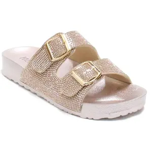 Womens Glitter Double Buckle Adjustable Comfort Slip On Slides Sandals Espen Walking Shoes Footwear Girl Slipper Tsinelas Classic Casual Black Summer