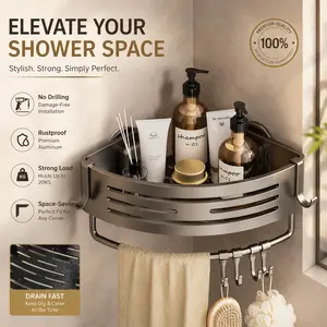 Gun Gray Premium Corner Shower Shelf: Modern Widened & Thickened Bathroom Storage, Anti-Fall Design for Large Bottles, Removable & Washable Suction Caddy with Towel Bar