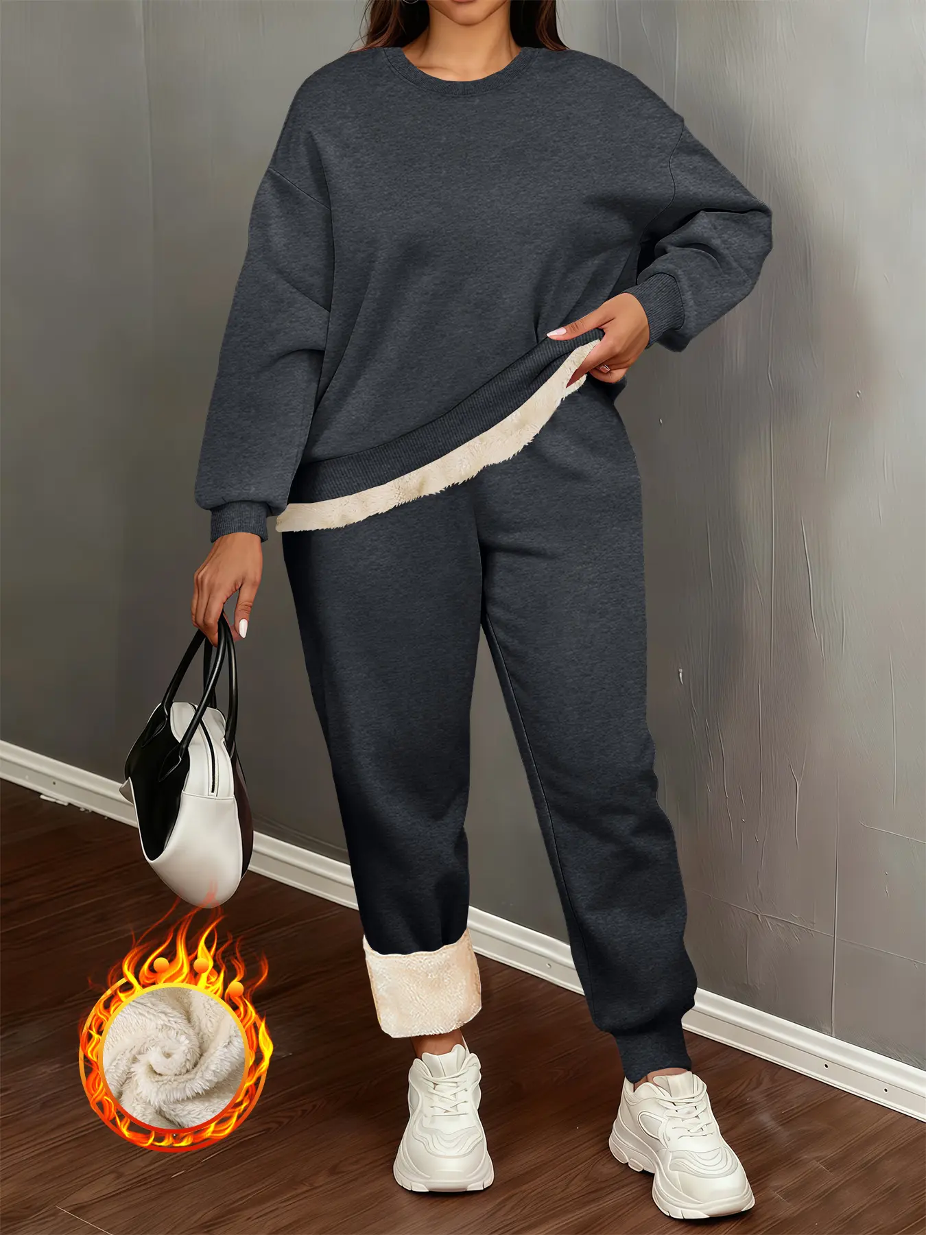 Women's Thick Fleece Round Neck Sweater & Windproof Pants Set, Casual Fall Winter Home Outdoors Warm Clothing, Plain Pattern