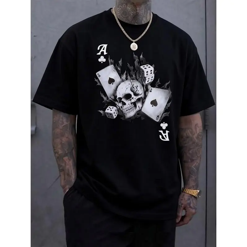 Menfinity VCAY Mens Casual Short-Sleeve T-Shirt - Round Neck Cotton Clothes, Skulls & Poker Cards Graphic Print Streetwear Top, Ideal for Outings with Friends