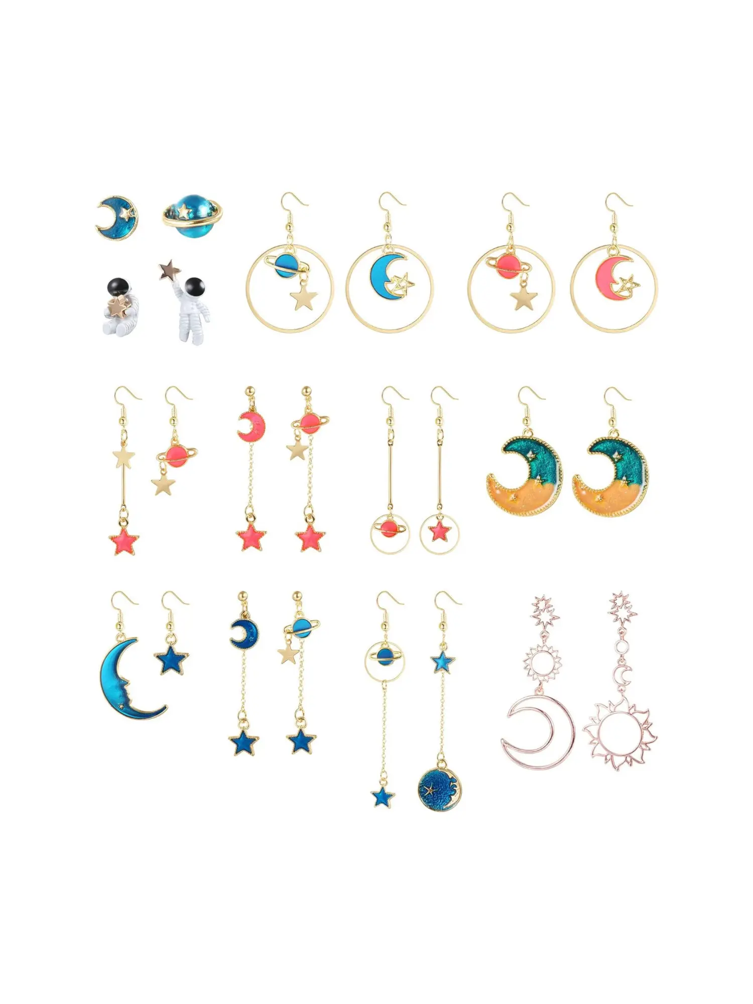 12 Pairs Moon Star Planet Stud Earrings for Women, Cute Astronaut Space Asymmetric Earrings Set, Sun Star Bohemian Earring Jewelry, Boho Style Jewelry, Dangle Earrings Set, Dangling Earrings