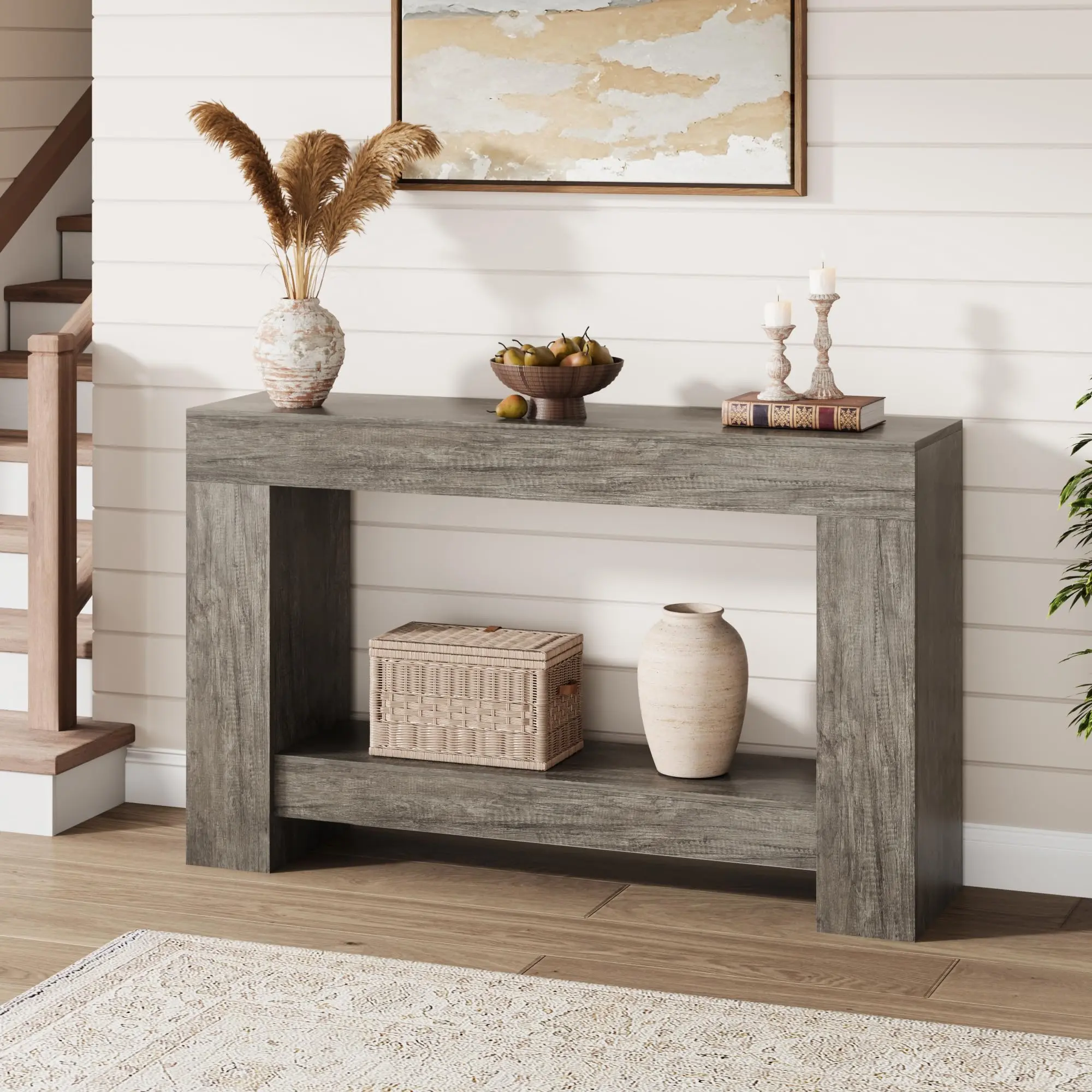 Garvee Rustic Gray 47x11x31 In Rectangle Farmhouse Console Table - 2-Tier Large Sofa Table with Storage, Indoor Entryway Decor, Assembly Guide Included for Living Room Hallway, 47 X 11 X 31 Inches