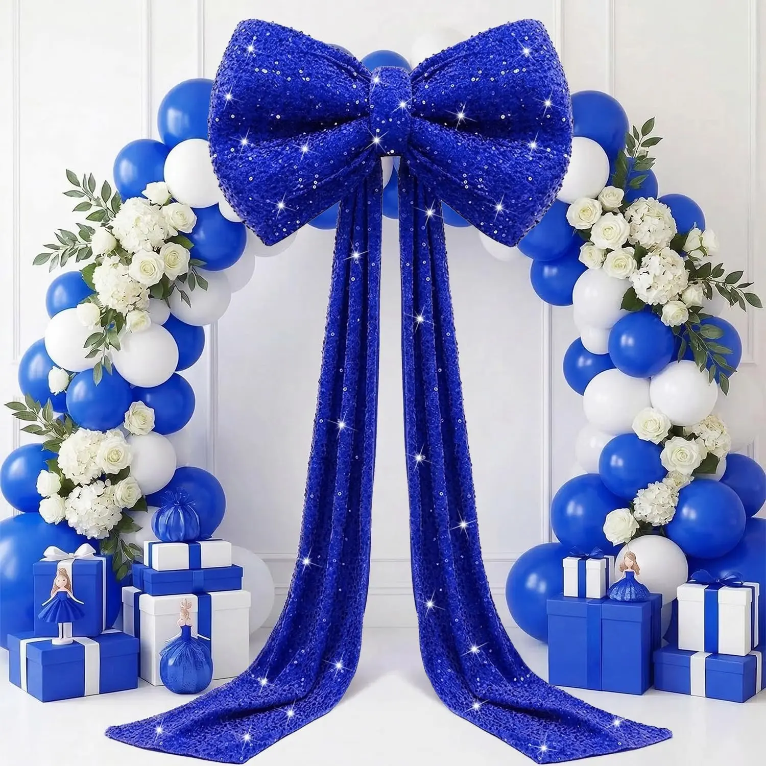 FANPROMS Giant Bow Decoration, 75x23 Inch Royal Blue Bows Room Decor with Long Ribbon, Sparkly Velvet Big Bow Wall Decorations Extra Large Bows for Bedroom Themed Party Baby Shower Wedding Supplies