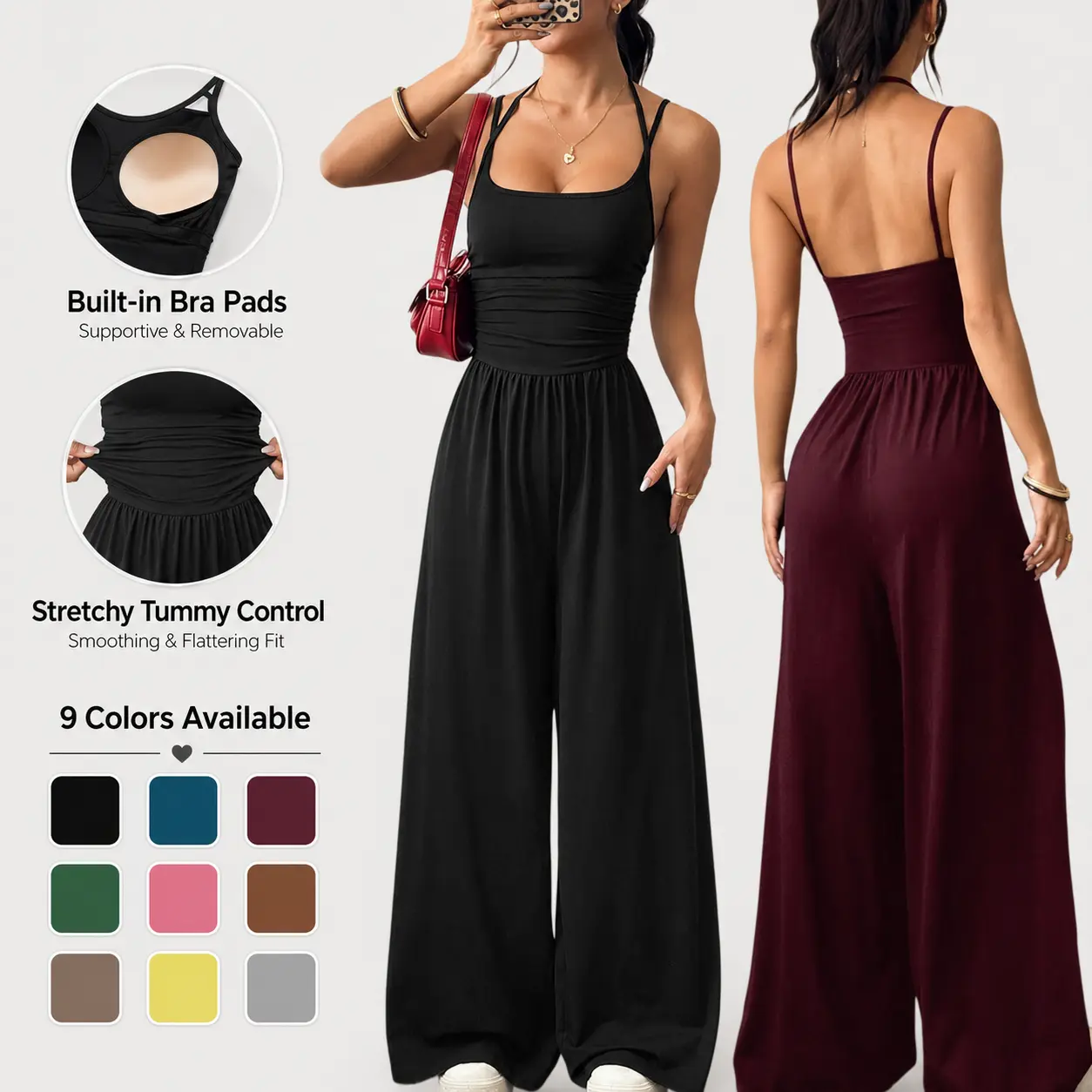 Women Halter Spaghetti Strap Jumpsuit, Ruched Waist Slim Fit Wide Leg Long Pants Jumpsuit, Casual Loose Flowy Summer Romper, Elegant Outfit for Daily Vacation Club Street Wear S-XL