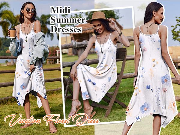 Women's Summer Midi Dress  Hawaiian Bohemian Beach Cover Up Dress Floral Spaghetti Strap Casual Dress with Pockets
