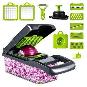Heavy Duty Kitchen Utensils Hand Press Vegetable Chopper with 7 Stainless Steel Blades, 1.5L Transparent Container with Lid & Cover, Onion Dicer, Mandoline Slicer, Julienne Cutter, Grater, Egg Separator - for Vegetables, Fruits