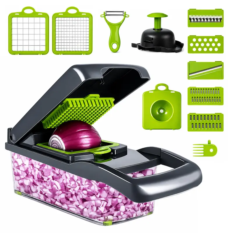 Hand Press Vegetable Chopper with 7 Stainless Steel Blades, Heavy Duty Kitchen Utensil, 1.5L Transparent Lidded Container, Onion Dicer, Mandoline Slicer, Julienne Cutter, Peeler, Grater, Egg Separator - for Chopping Vegetables, Fruits, Garlic, Smooth Prep