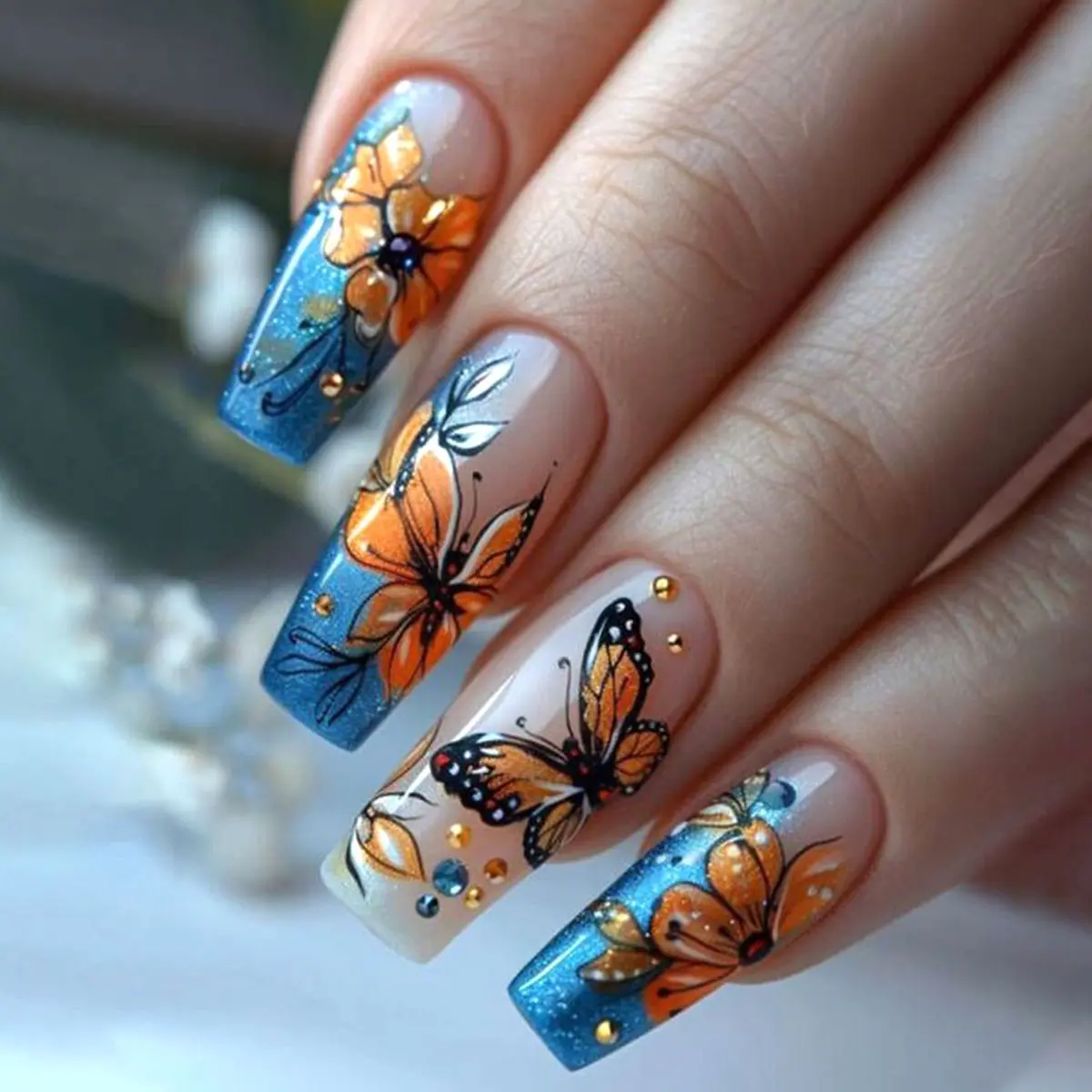 24pcs Blue Gradient Butterfly Nail Art , Glossy Length False Nails, Decorative Nails, Nail Decoration Supplies, Glossy Fake Nails
