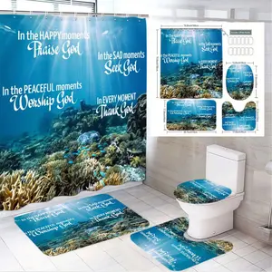 4pcs Underwater Coral Reef Bathroom Decor Set, Inspirational Christian Quotes, Vibrant Ocean Shower Curtain, Bath Mats & Toilet Lid Covers, The floor mat fabric is thicker and softer! Create a Serene Spiritual Ambiance for Your Bathroom