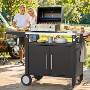 Outdoor Grill Table with Storage Cabinet and Wheels, Stainless Steel Top, Extension Plate, Outdoor Pizza Oven Stand Table for BBQ Barbecue