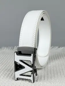 1pc unisex automatic buckle, Pu leather belt, Western Buckle Belt, versatile buckle, with letter embossed buckle design, black and white, business and casual style, suitable as a gift for Valentine's Day, Father's Day, Mother's Day