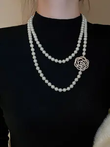 Elegant Zircon Flower Necklace with Glass Pearls, Stackable Design, Artificial Jewelry for Women, Perfect Gift Idea, Multilayer Necklace