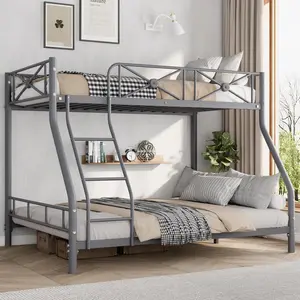Heavy Duty Twin Over Full Metal Bunk Bed In Grey, Built In Safety Guard Rails, Space Saving Design Perfect For Bedroom And School Placement